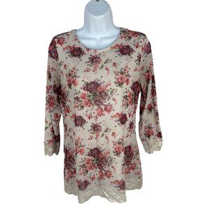 No Boundaries Womens Floral Lace Trim Top L/G(11-13) Ivory Combo